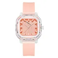 Minimalist women's square quartz watch with peach silicone strap and transparent case - Orange