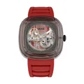 GUOU women's mechanical watch with transparent square case and red silicone strap - Red Strap Black Dial Gunmetal [Mechanical]