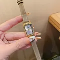 Elegant minimalist Dimini vintage rectangular gold-tone quartz watch for women with strap - Gray Leather Strap Gold Case White Dial