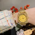 Elegant women's gold stainless steel octagonal quartz watch with vibrant yellow dial - Steel Gold Yellow