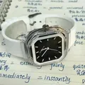 Minimalist women's square quartz watch with white silicone strap and black dial. - White Strap Black Dial