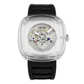 GUOU transparent square skeleton mechanical watch for women with black silicone strap - Black Strap White Dial (Quartz)
