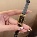 Dimini vintage square women's quartz watch with black leather strap and gold case. - Black Strap Gold Case