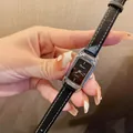 Elegant black leather strap rectangular women's watch with silver case - Black Leather Strap Silver Case Black Dial