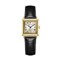 Vintage square gold-tone watch for women with black leather strap and Roman numerals dial. - Square Retro Style (6059) / Black Strap Gold Dial Gold Case