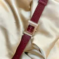 Elegant vintage Angora red women's quartz watch with square gold case and leather strap - Square Rhinestone Style(88460) / Angola Red