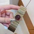 Dinimi vintage women's quartz watch featuring a gold woven bracelet and red dial - Gold Red