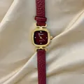 Elegant vintage dark red women's quartz watch with golden case and genuine leather strap - Square Style(77099) / Angola Red