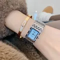 Elegant silver rectangular quartz watch for women with luxury crystal bangle accessory - Silver & Blue