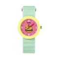 Playful GCCLIYO children's silicone watch with a colorful burger illustration and green strap. - Green with Pink and Yellow Frame (Burger Pattern)