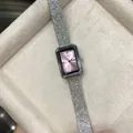 Detailed view of GEDI elegant rectangular watch with pink dial and silver mesh band - Silver Pink