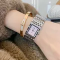 Elegant silver square quartz watch for women with pink dial and vintage luxury style - Silver Pink