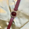 Vintage women's quartz watch with burgundy leather strap and octagonal gold case - Octagonal Style(88462) / Angola Red