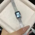 Elegant silver mesh strap rectangular quartz watch for women with light blue sunray dial - Silver & Blue