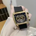 Reloj de cuarzo cuadrado GUOU con correa de silicona negra y esfera esqueleto dorada - Correa de Silicona / Black Strap Black Gold Frame (6072)