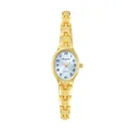 Dettaglio dell'elegante orologio ovale dorato con quadrante azzurro e cinturino - Oro Blu