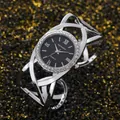 Elegant silver bangle watch featuring a black dial with crystals and a crossover band - Silver Black