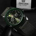 Close-up detail of military green sports watch featuring a durable nylon canvas strap - Army Green