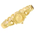Close-up of elegant gold quartz watch with unique floral cross bracelet design - All Gold