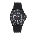Dettaglio di un elegante orologio sportivo in silicone nero con numeri grandi - Cassa Nera Cinturino Nero