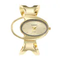 Front view of an elegant gold oval-shaped women's quartz bangle watch. - All Gold