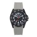 Vista dettagliata dell'orologio al quarzo con quadrante nero e cinturino in silicone grigio - Cassa Nera Cinturino Grigio