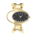 Detail view of gold-tone bangle watch featuring elegant black oval dial and minimalist markers - Gold Black