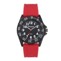 Vista dettagliata di un orologio al quarzo nero con cinturino in silicone rosso. - Cassa Nera Cinturino Rosso