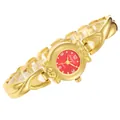 Close-up view of golden crisscross pattern quartz women's watch with vibrant red dial - Gold Red