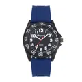 Primo piano di un orologio in silicone blu per studenti con quadrante numerico e lunetta nera. - Cassa Nera Cinturino Blu