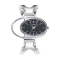 Detail view of silver oval quartz bangle watch for women with black dial and hollow band. - Silver Black