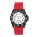 Dettaglio orologio in silicone rosso con lunetta nera e quadrante numerico chiaro - Cassa Bianca Cinturino Rosso