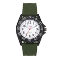 Vista dettagliata di un orologio in silicone verde con quadrante bianco e numeri arabi neri - Cassa Bianca Cinturino Verde