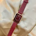 Elegant retro women's quartz watch featuring a rectangular wine red dial and red leather strap - Slim Rectangular Style(77141) / Angola Red