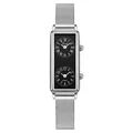 Vintage rectangular dual time zone women's quartz watch with a sleek silver mesh band - Silver Black (Mesh Band)