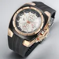 Close-up of V6 men's sports watch with rose gold case and black silicone strap - Gold & White