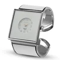 Nahaufnahme einer eleganten silbernen Damen-Manschetten-Armbanduhr mit weißem Email - Quadratischer Offener Armreif-Stil (370) / Weiß