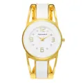 Dettaglio orologio a bracciale dorato con quadrante bianco e inserti in ceramica - Oro Bianco