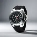 Macro detail of V6 men's fashion watch with silver brushed metal case and silicone strap - Silver