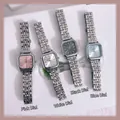 Vue détaillée de montres carrées pour femmes avec bracelet en acier en quatre couleurs de cadran - Bracelet en Acier Cadran Bleu