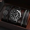 Détail d'un coffret montre à quartz pour homme avec bracelets en cuir noir tressé - Ensemble Noir et Blanc