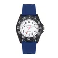 Vista dettagliata della lunetta nera e del quadrante bianco dell'orologio blu in silicone - Cassa Bianca Cinturino Blu