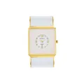 Dettaglio frontale di un orologio a bracciale quadrato dorato e bianco da donna - Stile Quadrato / Oro (Quadrante Quadrato Bianco)