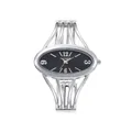 Dettaglio del quadrante ovale e del cinturino a righe d'argento di questo orologio al quarzo. - Design Ovale / Argento (Quadrante Ovale Nero)
