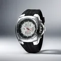 Detail view of V6 men's fashion watch with white chronograph dial and black silicone strap - Silver White