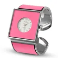 Orologio da donna a bracciale aperto quadrato con smalto rosa e cornice argento - Pink Square Open Bangle Style / Rosa