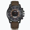 Vista dettagliata dell'orologio al quarzo SOKI da uomo con cinturino in pelle marrone - Marrone
