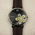 Elegante orologio al quarzo da donna con quadrante a motivo di trifoglio e cinturino marrone - Cinturino Marrone Quadrante Nero Fiore d'Oro