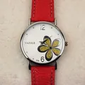 Orologio al quarzo da donna con cinturino in pelle rossa e quadrante a fiore dorato - Cinturino Nero Quadrante Bianco Fiore d'Oro