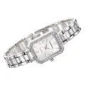 Elegante zilveren dameshorloge met vierkante strass-bezel en metalen schakelband - Zilver Wit